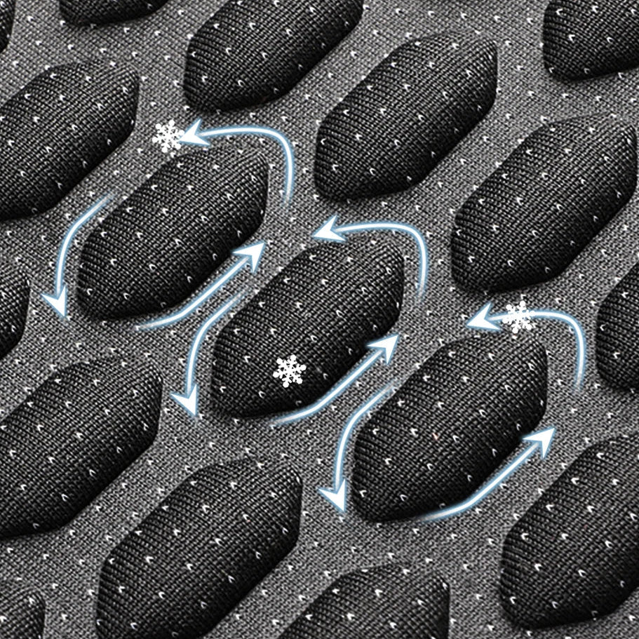 Close-up of the Ice-Silk Seat Cushion's dotted cooling texture with snowflake icons illustrating breathable airflow