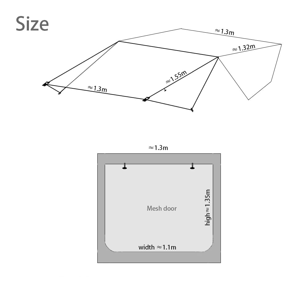 Size diagram of the Overland Tailgate Tent showing mesh door width, height and side panel measurements