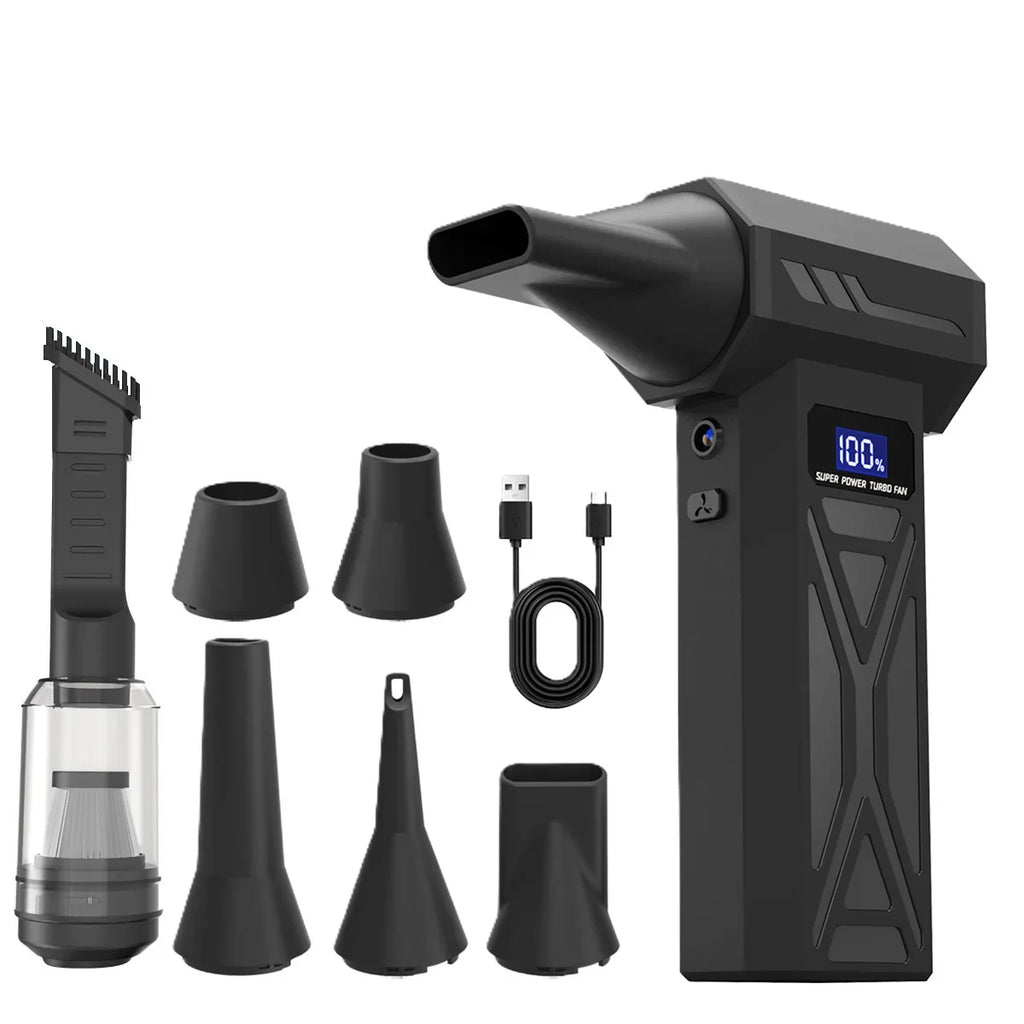 Cordless turbo air blower with interchangeable nozzle attachments and USB charging cable on a white background