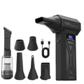 Cordless turbo air blower with interchangeable nozzle attachments and USB charging cable on a white background