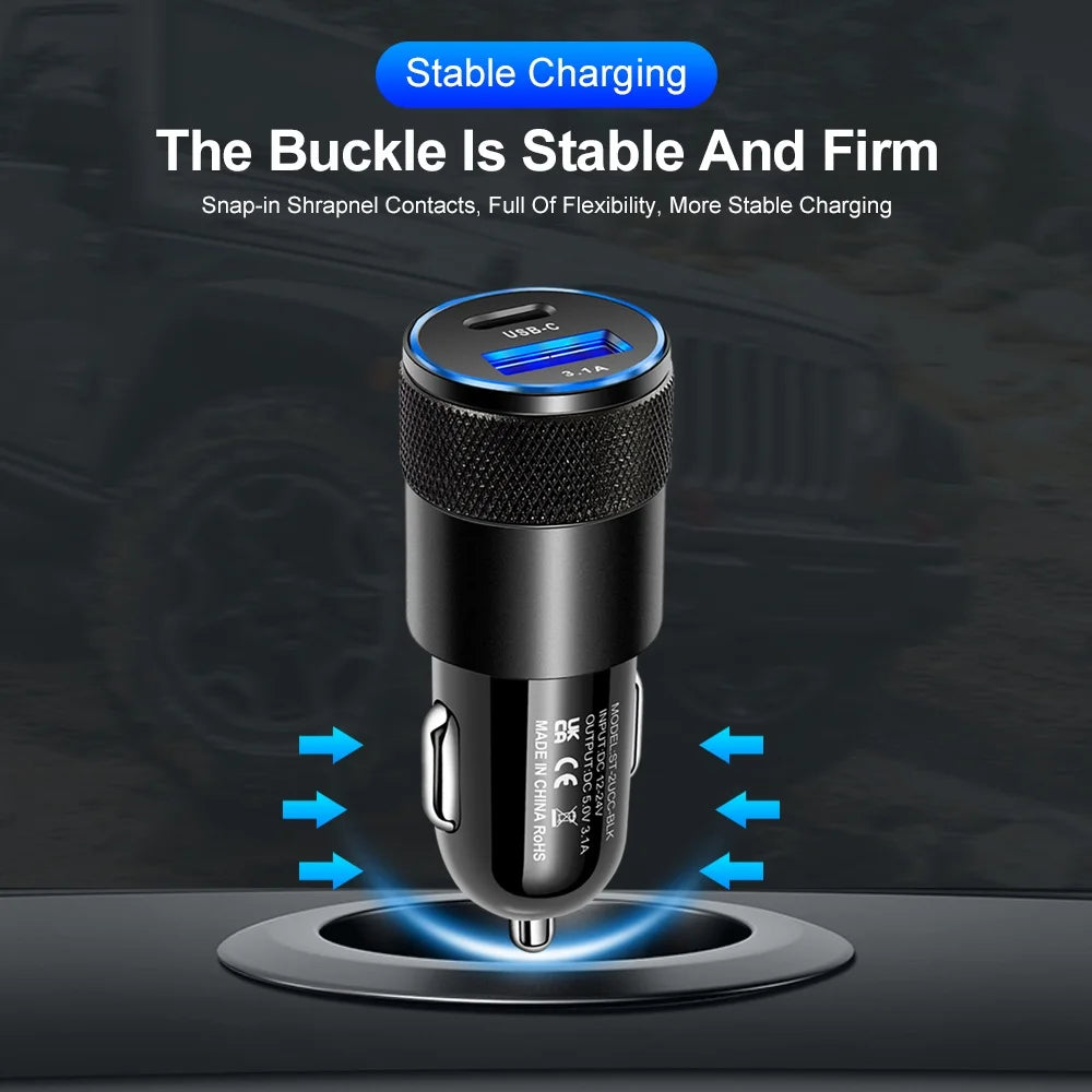 Alloy USB Car Charger listing image showing wireless charger cooling technology on a winter themed background
