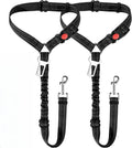 Two black nylon dog car seatbelt tethers with adjustable straps, safety buckles, and metal seatbelt clips