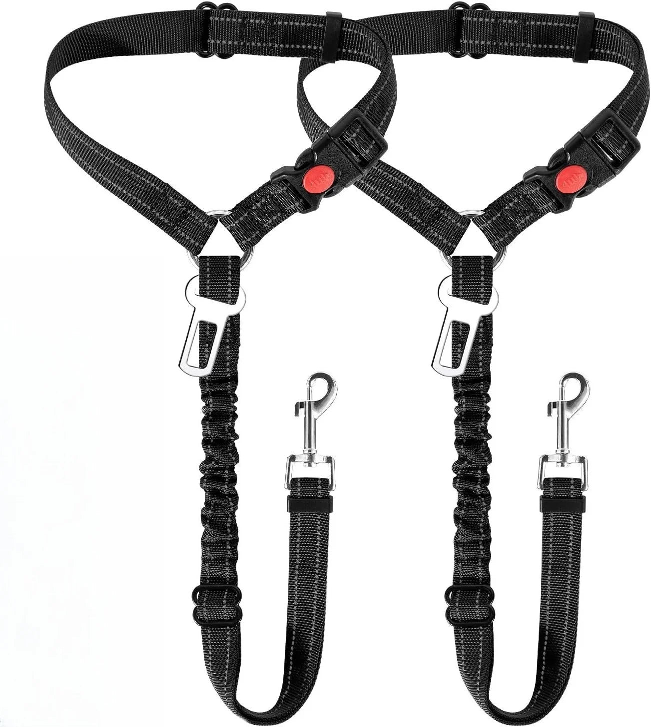 Two black nylon dog car seatbelt tethers with adjustable straps, safety buckles, and metal seatbelt clips