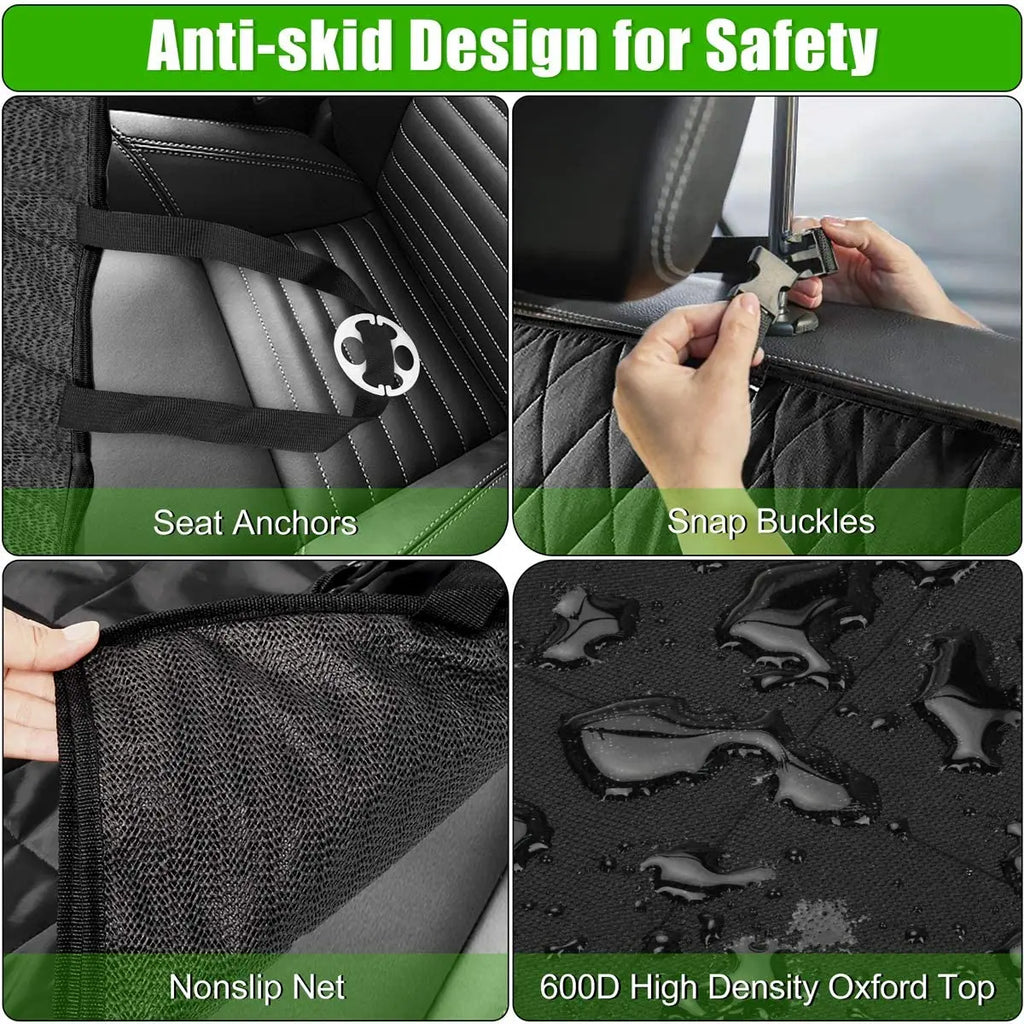 Waterproof dog seat hammock features: seat anchors, snap buckles, nonslip net backing and water beading on 600D Oxford top