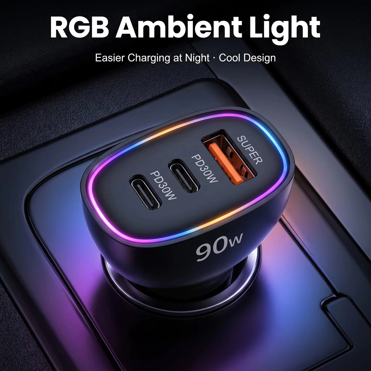 90W Triple-Port Car Charger glowing with an RGB ambient light ring in a car console 12V socket at night