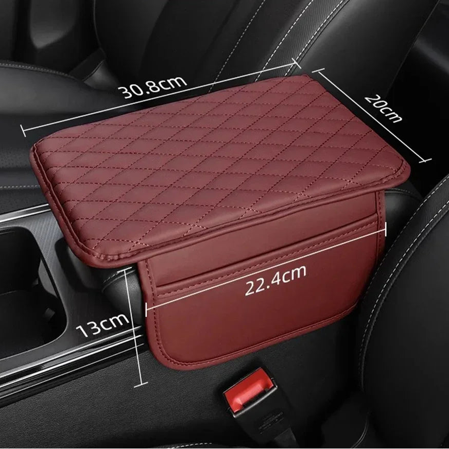 Volcanic red Padded Car Armrest Organiser fitted to car centre console showing diamond-quilted leather cushion and side storage pocket
