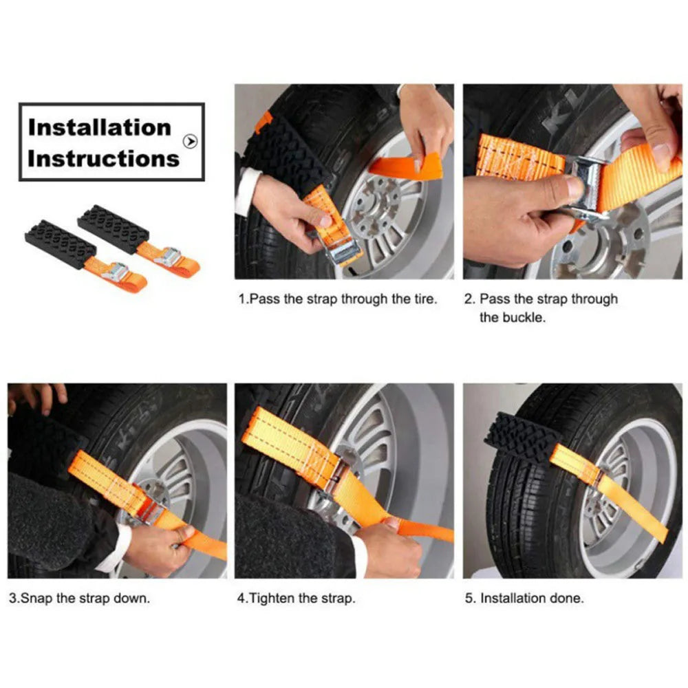 Five-step installation guide for Strap-On Tyre Traction Cleats showing the strap threaded through the wheel, buckled and tightened