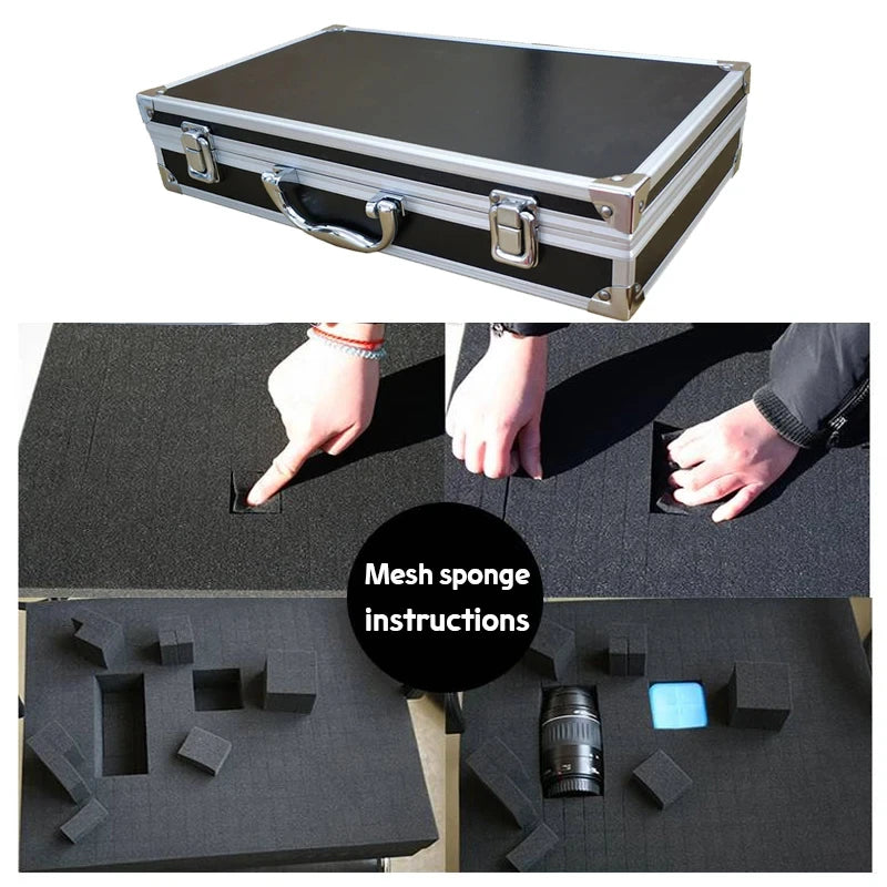 Rugged Aluminium Tool Case closed alongside a demonstration of cutting the customisable foam insert by hand