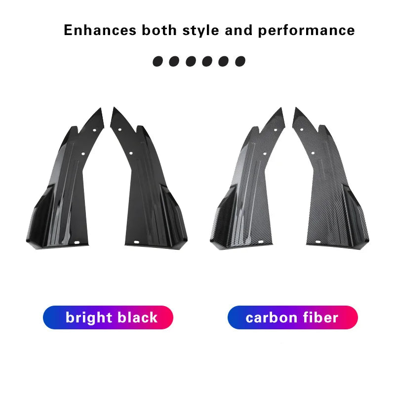 Rear bumper corner guards shown in gloss black and carbon fibre texture finish options side by side
