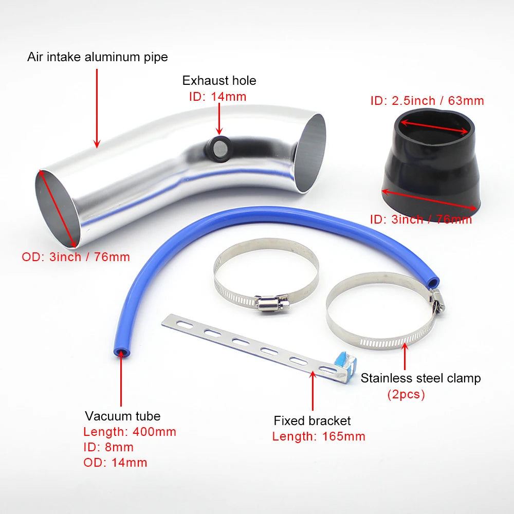 Dimension diagram of the aluminium intake pipe and silicone reducer coupler with size measurements