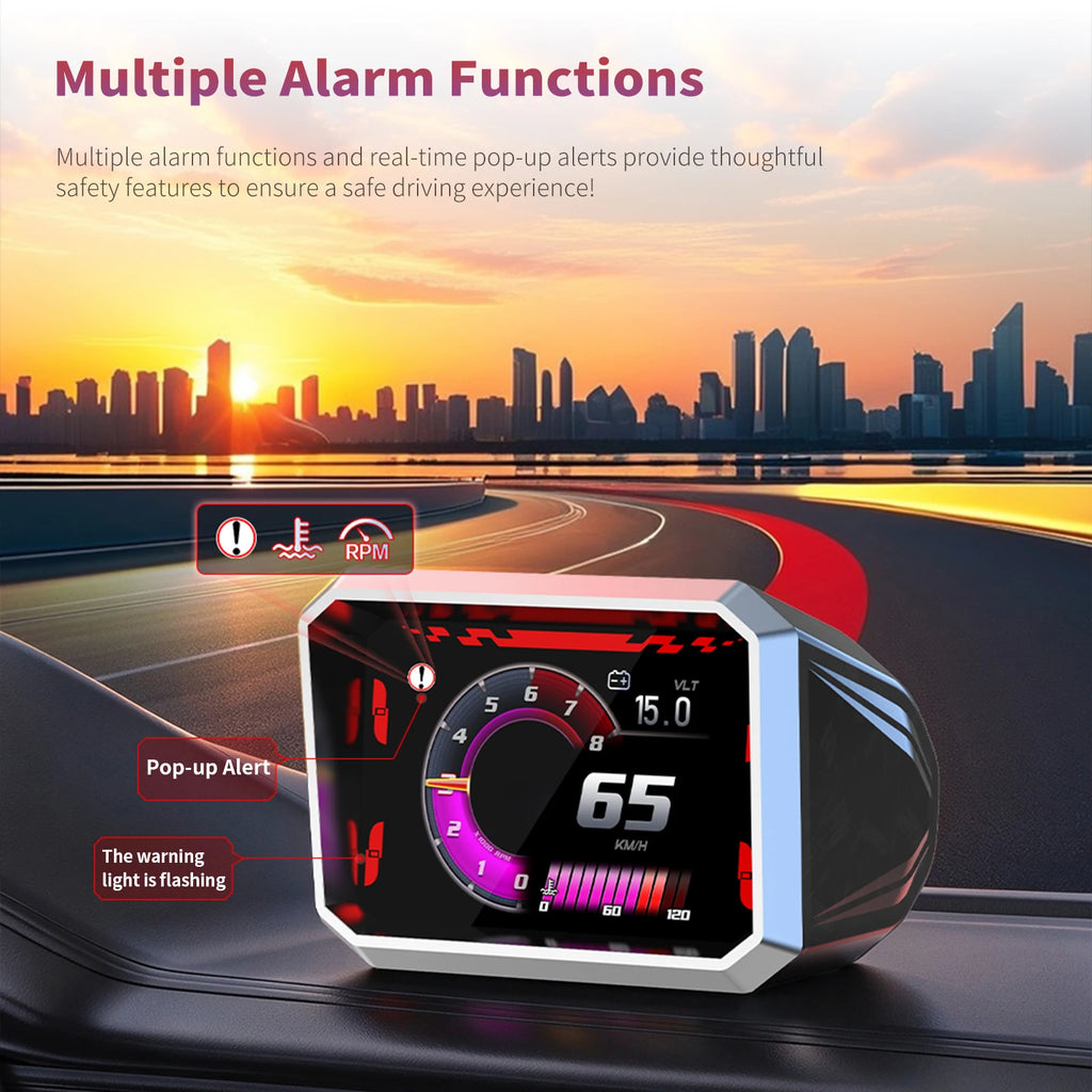 RGB OBD2 Racing Gauge displaying pop-up warning alerts for coolant temperature and RPM on a car dashboard