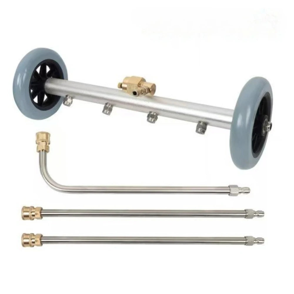 16-inch underbody pressure washer wand with 4-nozzle spray bar, rolling wheels and brass fittings on a white background