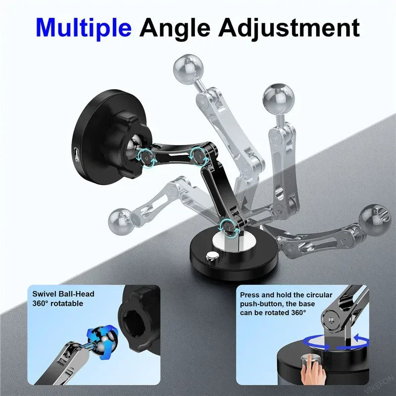Multiple Angle Adjustment infographic showing the charger's swivel ball-head and 360° rotating base