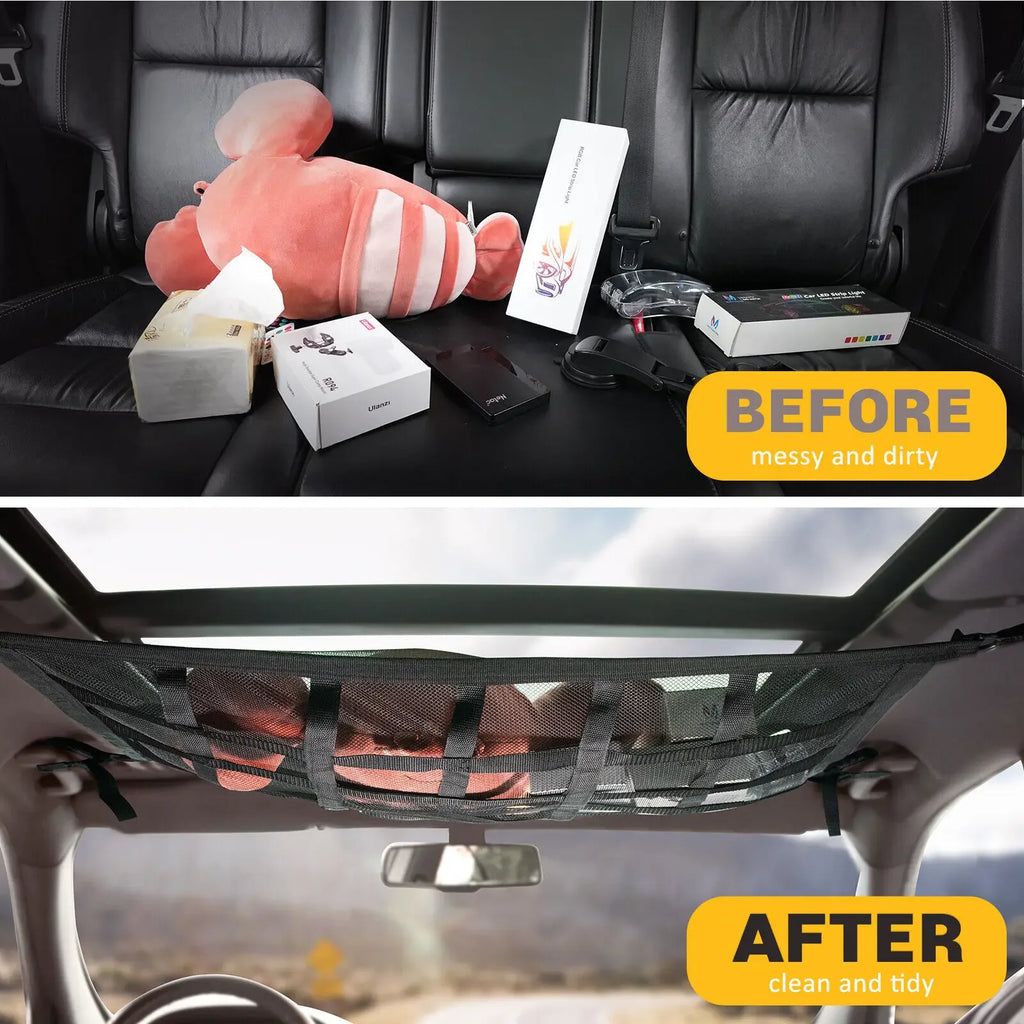 Before and after comparison of car back seat clutter organised using roof cargo net