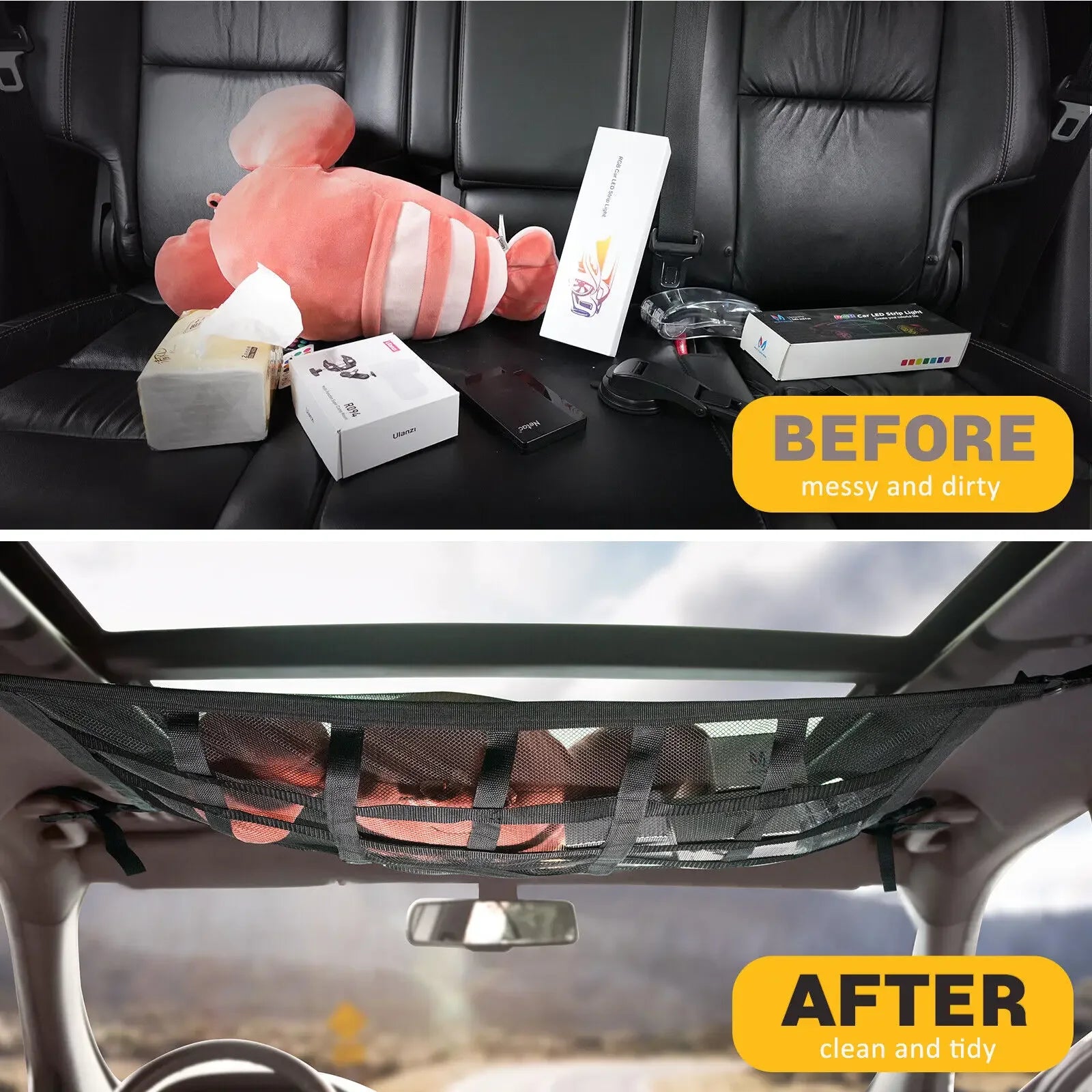 Before and after comparison of car back seat clutter organised using roof cargo net