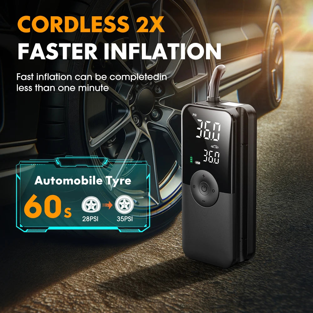 Cordless Tyre Inflator Inflating Automobile Tyre from 28 PSI to 35 PSI in 60 Seconds
