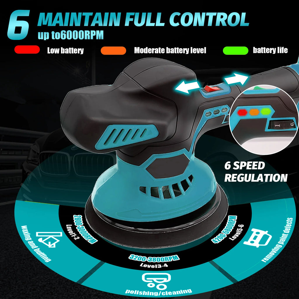Cordless Orbital Car Polisher with six speed settings dial and battery level indicator lights