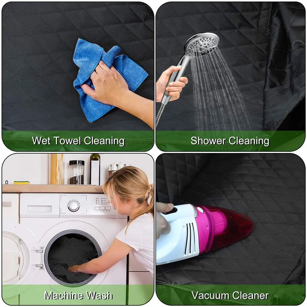 Cleaning the waterproof dog seat hammock with a wet towel, shower head, washing machine and handheld vacuum