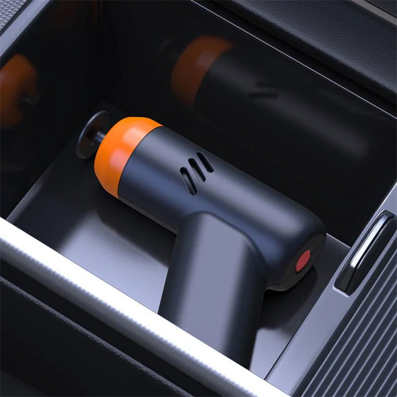 Cordless Mini Polisher stored inside a car's centre console cup holder, showing its compact portable size