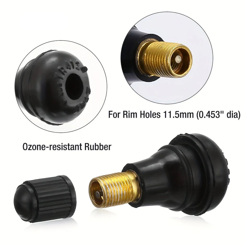 Close-up of the ozone-resistant rubber tyre valve stem sized for 11.5 millimetre rim holes