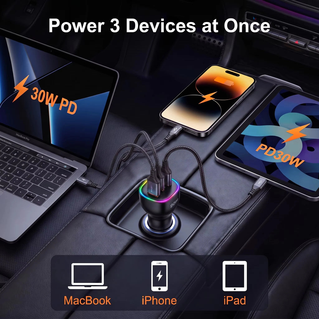 90W Triple-Port Car Charger in a car 12V socket charging a laptop, smartphone and tablet at the same time