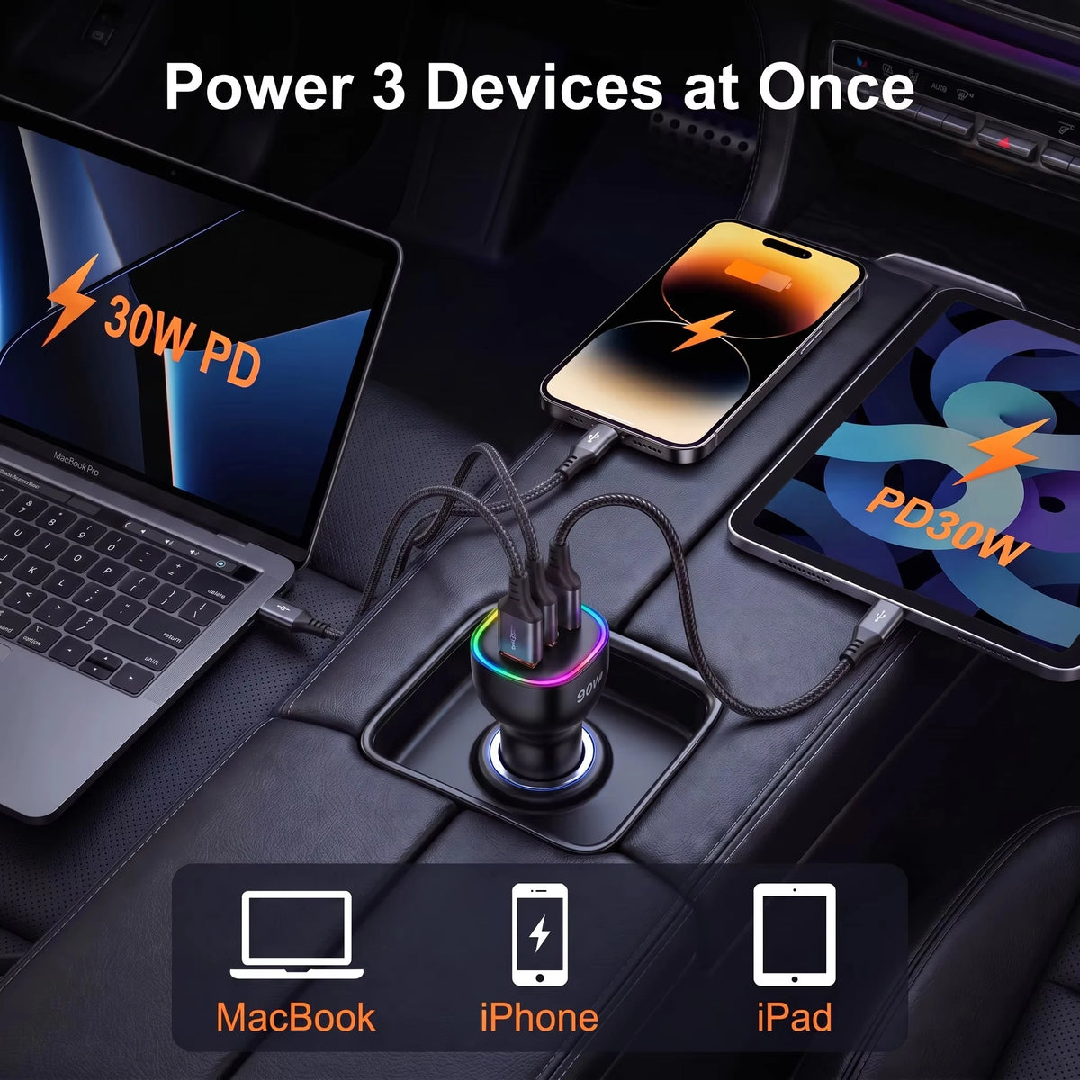 90W Triple-Port Car Charger in a car 12V socket charging a laptop, smartphone and tablet at the same time