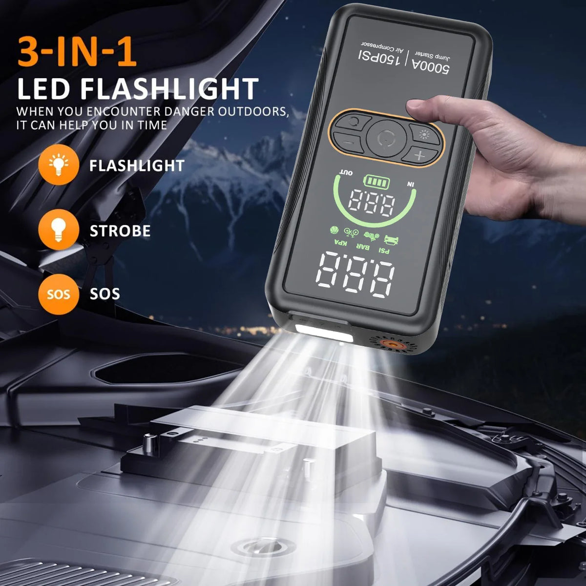 Pro Jump Starter & Inflator LED torch lighting a car engine bay at night, with flashlight, strobe and SOS modes