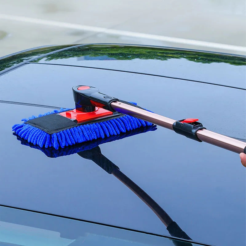 Swivel Chenille Wash Mop Kit cleaning a glossy black car roof and windscreen with the blue chenille mop head