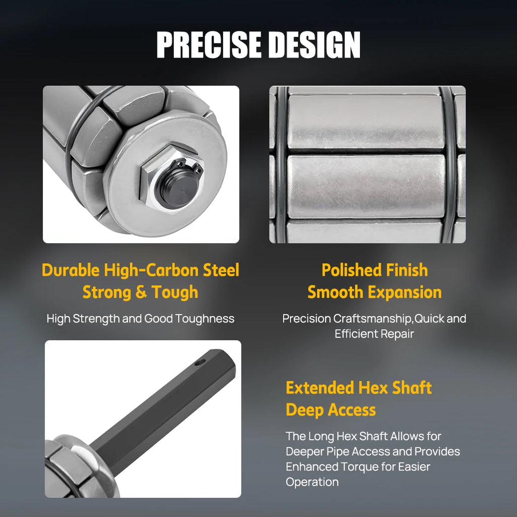 Close-up of the Exhaust Pipe Expander's polished expansion head and extended hex shaft for deep pipe access