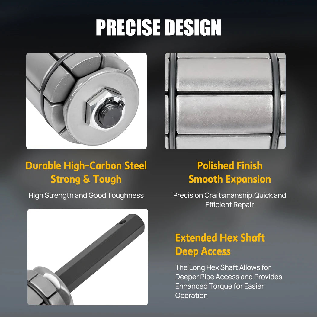 Close-up of the Exhaust Pipe Expander's polished expansion head and extended hex shaft for deep pipe access