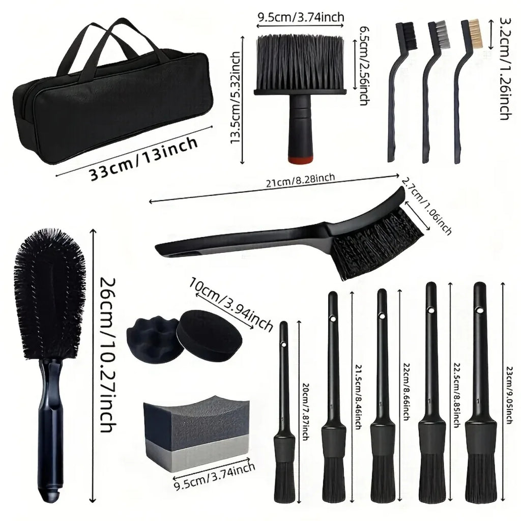 Wheel and detailing brush kit with dimensions for each brush, applicator pad, tyre dressing sponges and storage bag
