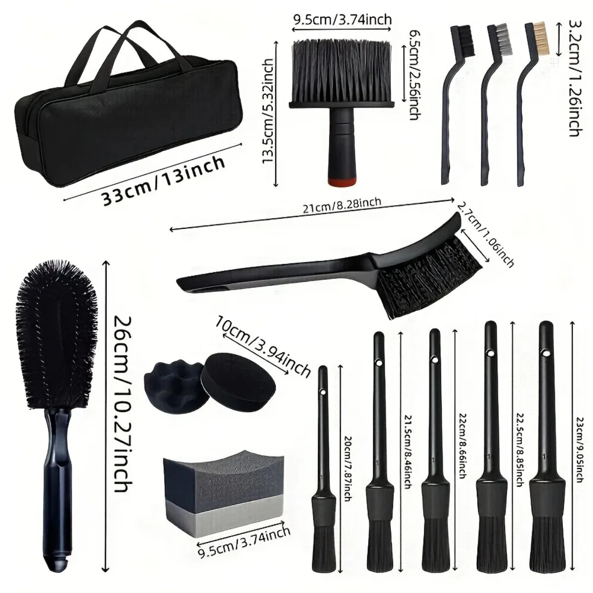 Wheel and detailing brush kit with dimensions for each brush, applicator pad, tyre dressing sponges and storage bag