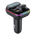 PD Fast-Charge FM Transmitter with LED frequency display, rainbow light ring, USB-A ports and USB-C PD port on a white background