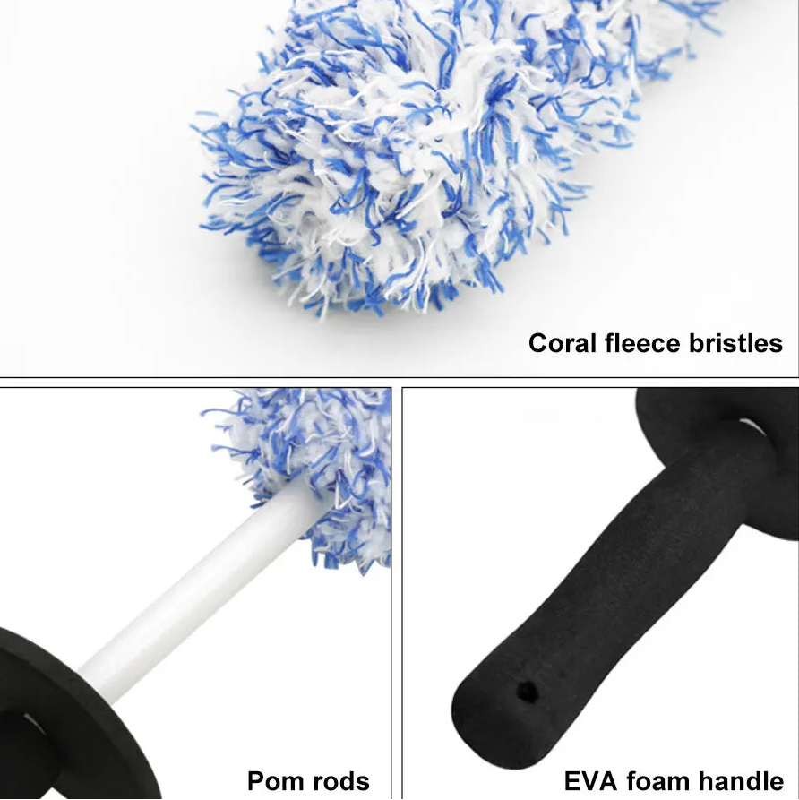 Close-up collage showing the coral fleece bristles, pom cleaning rod and EVA foam handle construction of the wheel brush