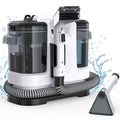 Portable Upholstery Spot Cleaner with dual water tanks, flexible hose and stain suction nozzle on a white background