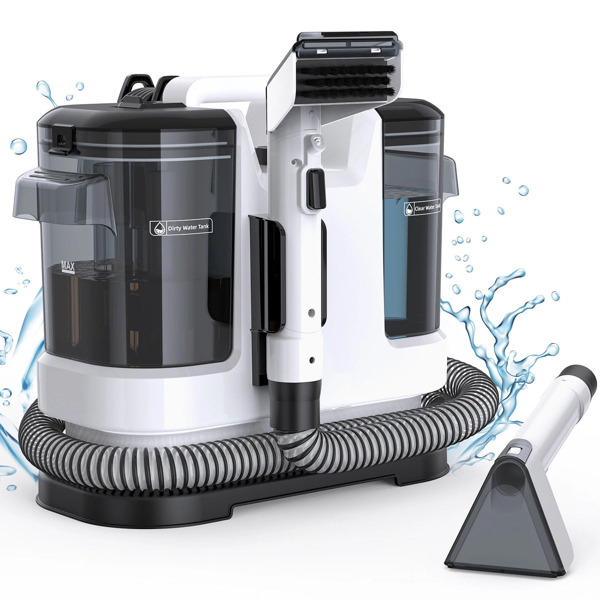 Portable Upholstery Spot Cleaner with dual water tanks, flexible hose and stain suction nozzle on a white background