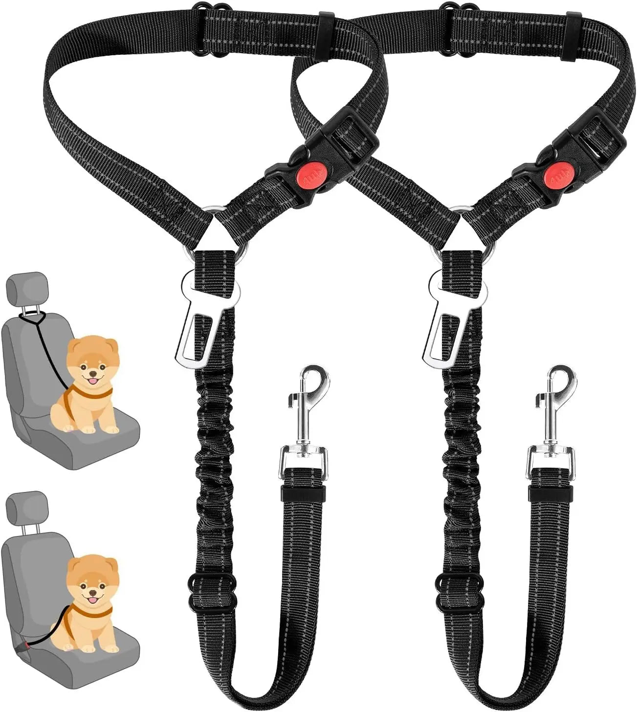 Two black nylon dog car seatbelt tethers with icons showing headrest and seat-clip attachment methods