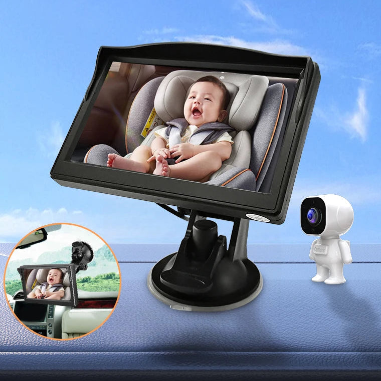 HD Infant Car Monitor mounted on a car dashboard via suction cup with astronaut camera, displaying a smiling baby in the back seat