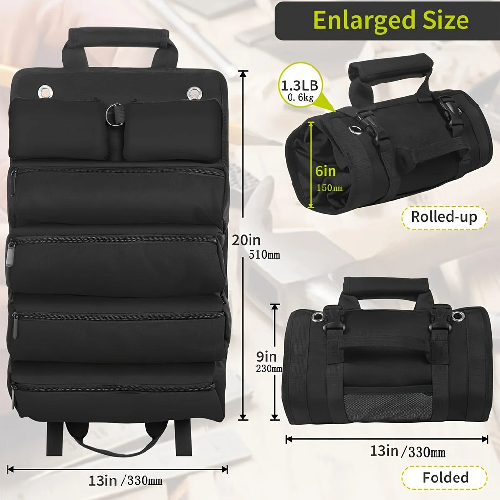 Black Canvas Tool Roll Organiser shown unrolled and rolled with size callouts: about 510mm by 330mm unrolled, 150mm rolled diameter and 0.6kg weight.