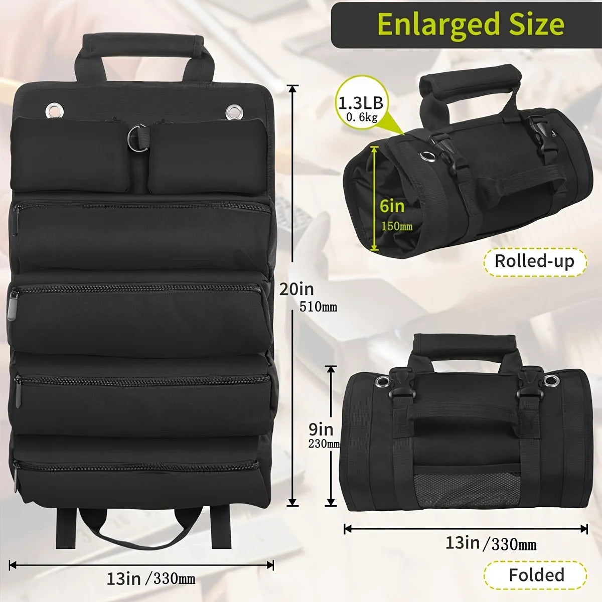 Black Canvas Tool Roll Organiser shown unrolled and rolled with size callouts: about 510mm by 330mm unrolled, 150mm rolled diameter and 0.6kg weight.
