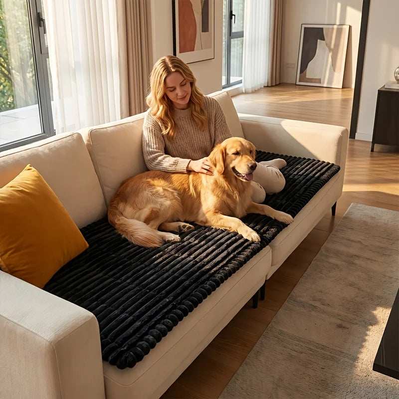 Golden retriever sitting on the black Plush Car Dog Bed placed across a cream sofa with its owner