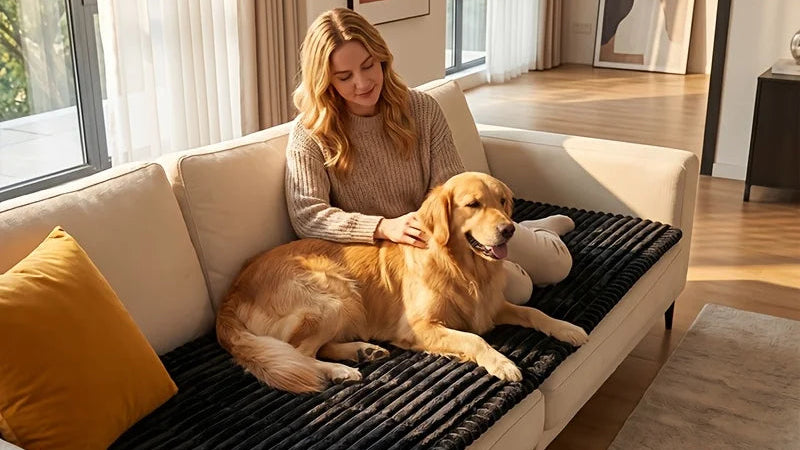 Woman sitting on a couch with a golden dog on a black pet mat in a bright living room.