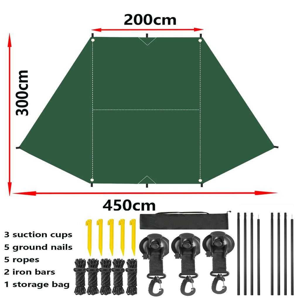 Size chart for the dark green Expedition Side Sunshade showing 200cm by 300cm by 450cm dimensions with included accessories