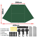 Size chart for the dark green Expedition Side Sunshade showing 200cm by 300cm by 450cm dimensions with included accessories