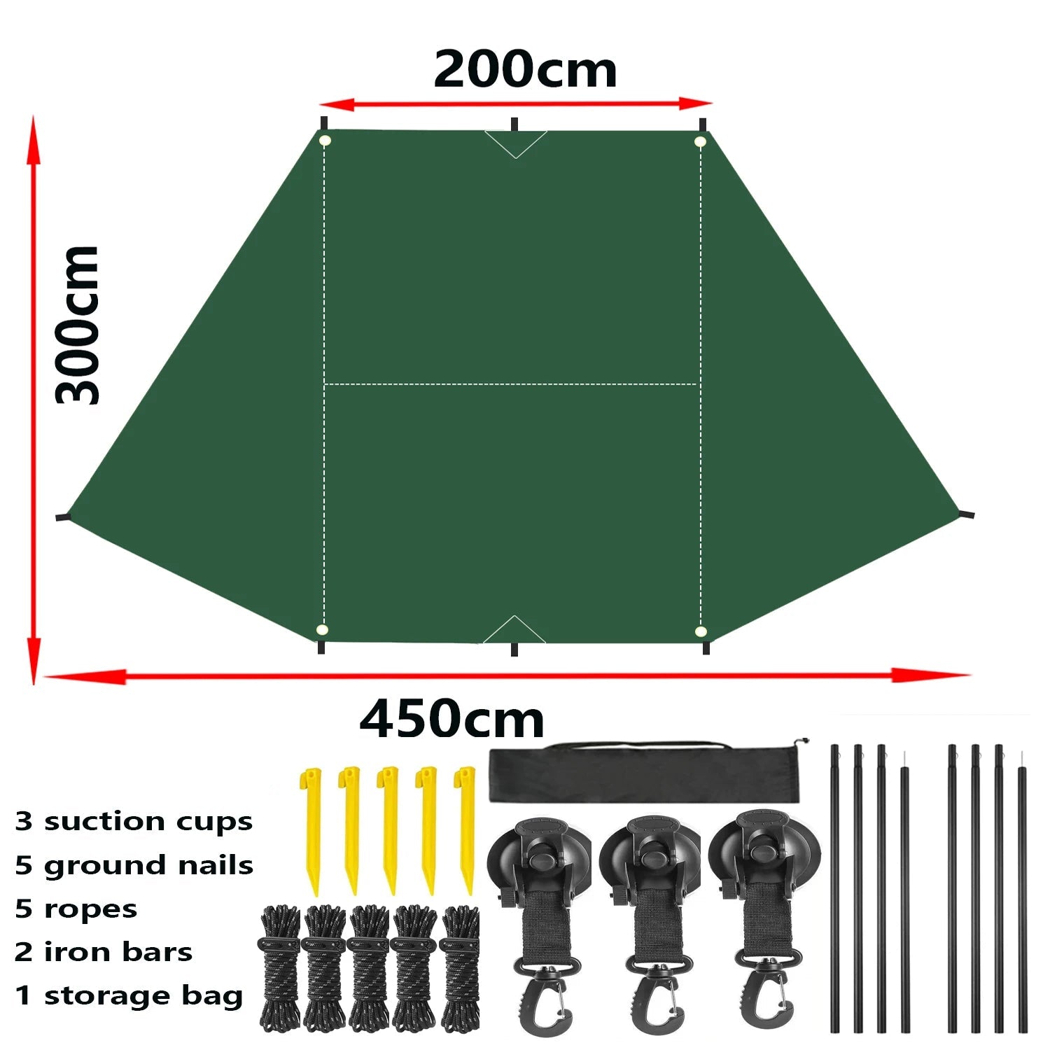 Size chart for the dark green Expedition Side Sunshade showing 200cm by 300cm by 450cm dimensions with included accessories