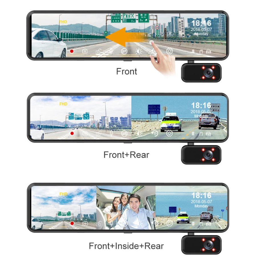 Triple-Lens Mirror Dash Cam display modes showing front only, front plus rear, and front, inside and rear split screen