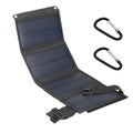 Foldable Solar Charging Panel unfolded into four panels with two carabiner clips on a white background