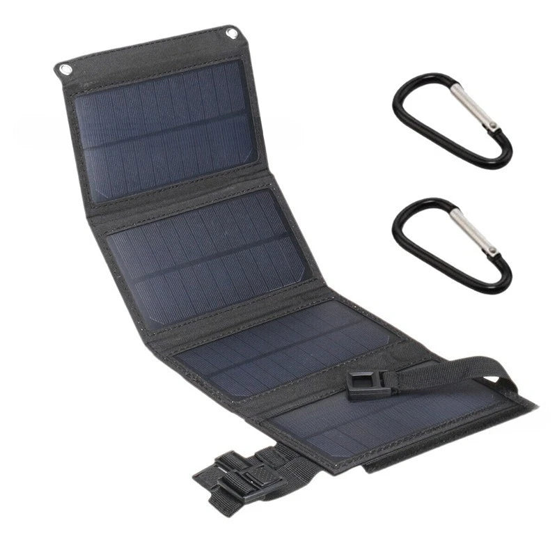 Foldable Solar Charging Panel unfolded into four panels with two carabiner clips on a white background