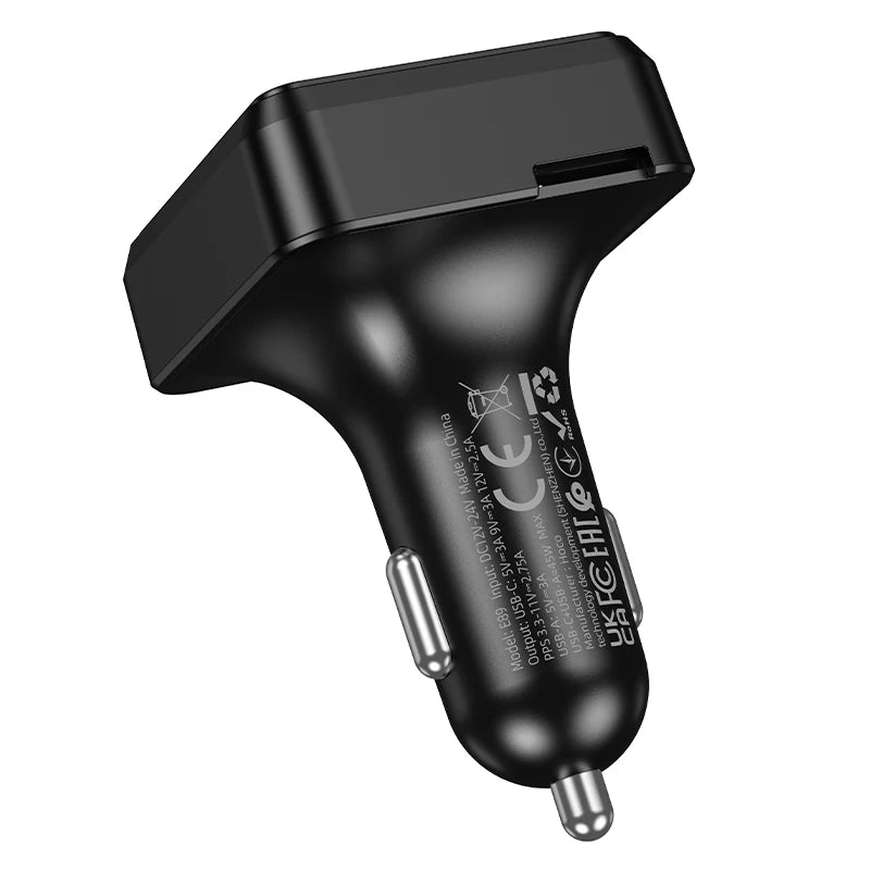 Rear view of a Dual-Port Bluetooth FM Transmitter showing the black 12V plug body and printed regulatory markings