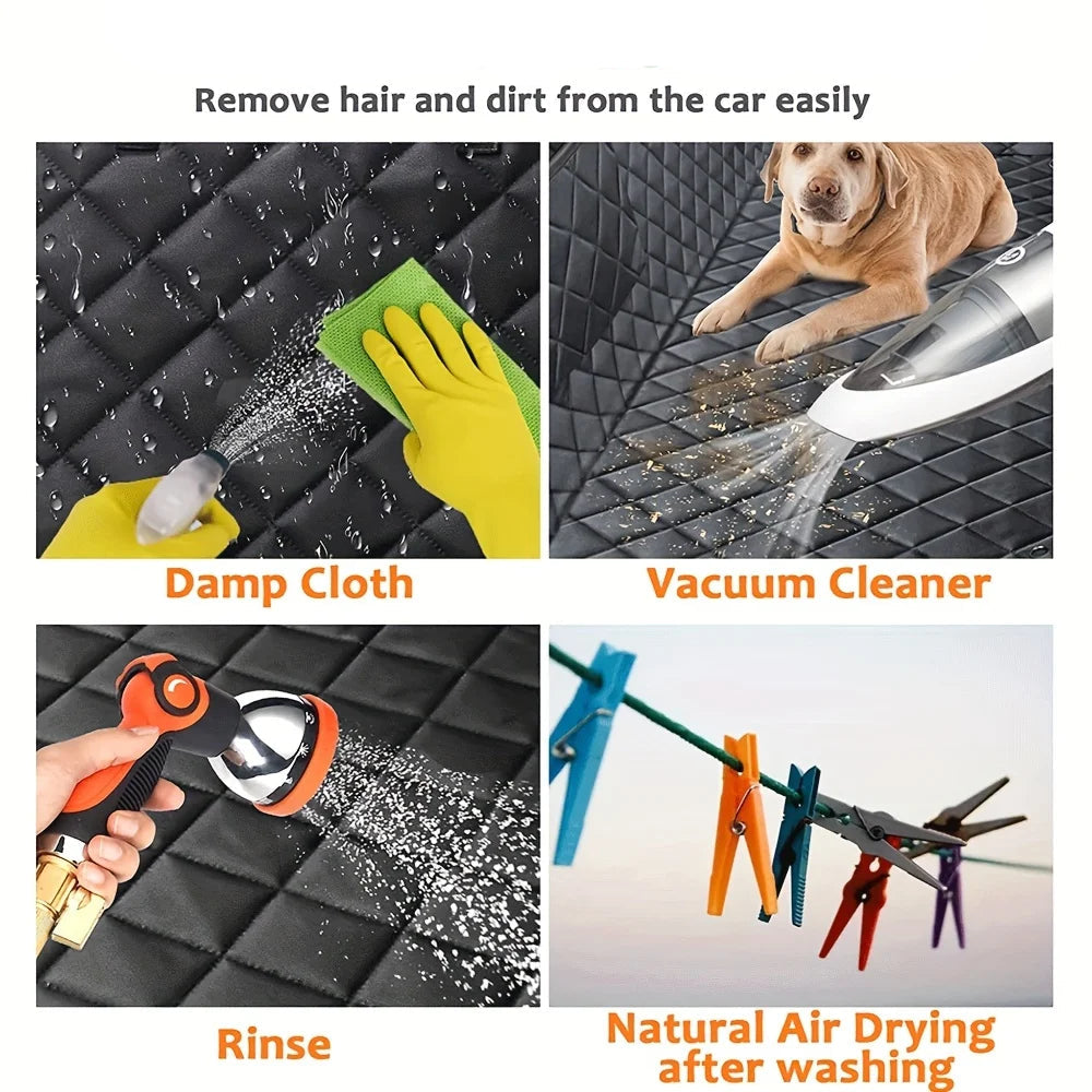 Cleaning the Convertible Dog Seat Hammock with a damp cloth, vacuum cleaner, hose rinse and air drying on a clothesline